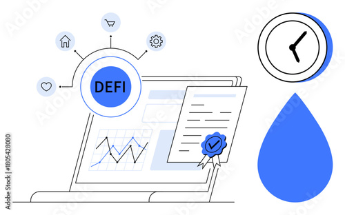 Laptop displaying graphs, contract with seal, DEFI icons representing financial sectors. Ideal for finance, technology, innovation, blockchain, investment, cryptocurrency simple flat metaphor