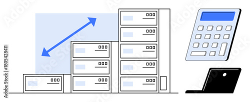 Servers arranged in ascending size with growth arrow, accompanied by a calculator and laptop. Ideal for technology, data management, analytics, financial planning, growth strategy, business, simple