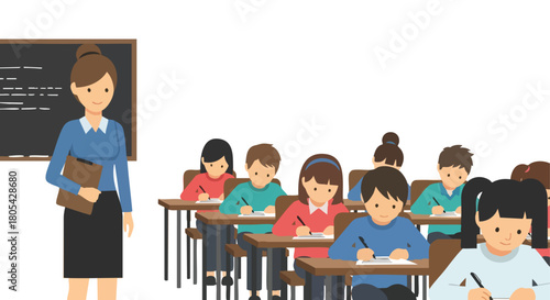 Female Teacher Supervising a Class of Elementary Students Taking an Exam or Test at Their Desks in the Classroom.