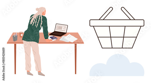 Woman leaning over desk with laptop, papers, and books, brainstorming or analyzing e-commerce concepts. Ideal for business, online shopping, entrepreneurship, digital strategy, organization remote