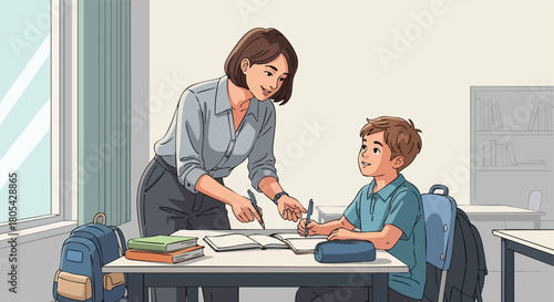 Female Teacher Providing Individual Assistance and Guidance to a Male Student Working on a Task at His Desk in the Classroom.