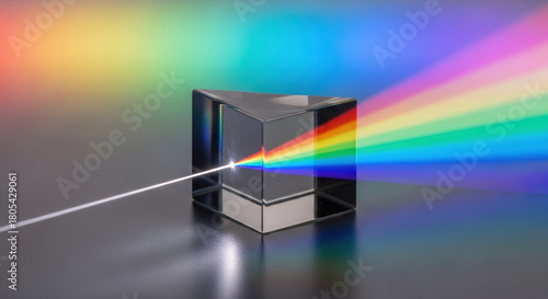 Macro photo of glass prism projecting rainbow spectrum on matte surface. Glass prism reflects light beautifully, creating vibrant multicolor spectrum on surface. Concept for Newton's Day