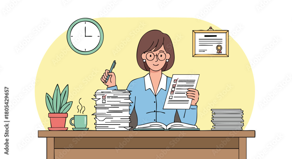 © Sahrul - Happy Female Teacher or Professor Grading Papers and Managing Administrative Work at a Desk Piled High with Documents.