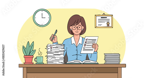 Happy Female Teacher or Professor Grading Papers and Managing Administrative Work at a Desk Piled High with Documents.