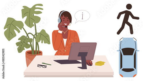 Female customer service agent with headset at a desk, offering guidance on transportation. Ideal for customer assistance, travel, communication, workplace, transportation, mobility, user experience