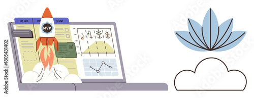 Rocket launching from laptop screen with charts, graphs, task board, and blooming flower over a cloud. Ideal for innovation, product launch, strategy, growth, teamwork success simple flat metaphor