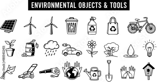 Hand Drawn Eco-Friendly Environmental Objects and Tools Collection
