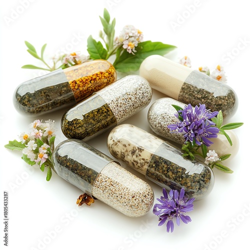 Natural herbal supplements in pill form made from a blend of herbs and flowers, integratori, pillole   high resolution   for isolate image