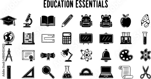 Black and White Education Essentials Icons Set - School, Learning, Study Supplies and Symbols Collection