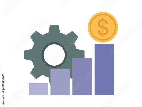 Gear beside bars with coin on top of the tallest bar