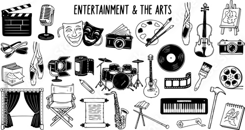Hand-drawn Entertainment and The Arts Collection: A comprehensive set of sketch icons for music, film, theater, dance, painting, and creative hobbies.