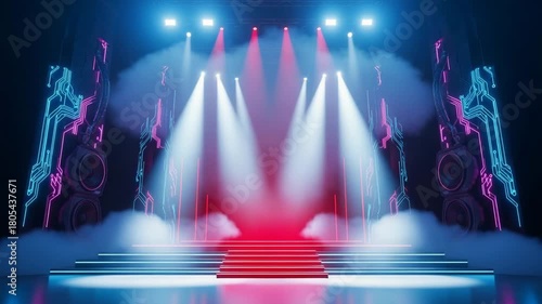 A bright, wide-angle shot of an empty, futuristic stage, bathed in vibrant, electric blue and crimson stage lights 