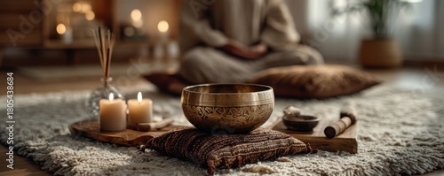 Meditation setup with a singing bowl, candles, and soft cushions in a cozy, calm living space