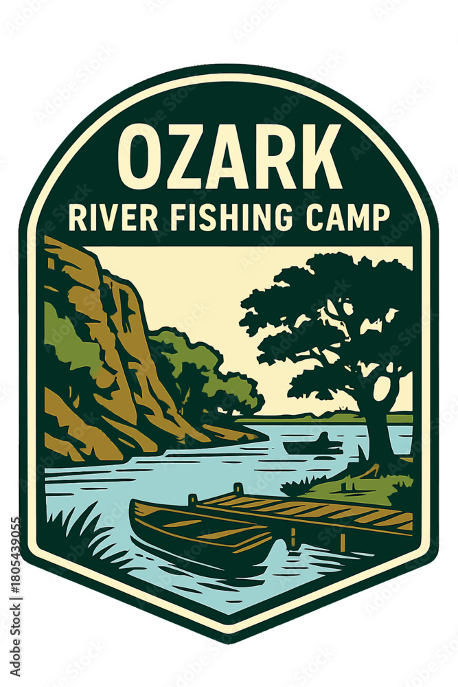 Fototapeta premium Ozark river fishing camp badge with scenic nature, dock, boat, trees and cliffs in retro patch style. Vintage fishing vector emblem badge patch, retro design, transparent background