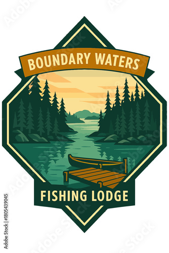 Boundary Waters fishing lodge emblem with canoe on lake and forest in stylized retro outdoor badge design. Vintage fishing vector emblem badge patch, retro design, transparent background