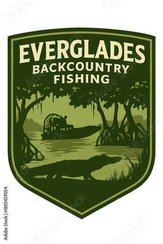 Everglades backcountry fishing badge with airboat, trees, and alligator silhouette in green tones on shield. Vintage fishing vector emblem badge patch, retro design, transparent background