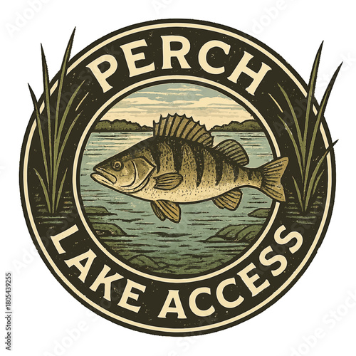 Perch fish badge design with lake background and foliage, vintage style emblem for outdoor access signage. Vintage fishing vector emblem badge patch, retro design, transparent background