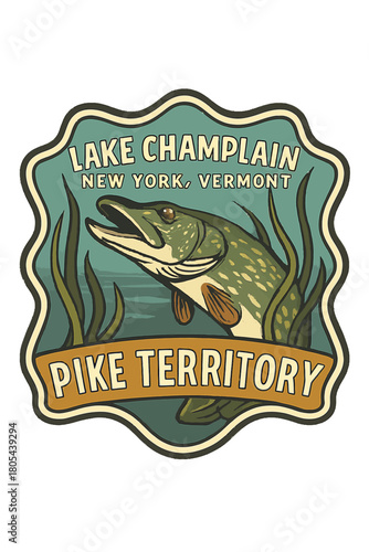 Lake Champlain pike fish badge with text New York Vermont Pike Territory in vintage style on white background. Vintage fishing vector emblem badge patch, retro design, transparent background