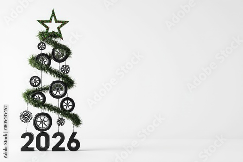 Creative holiday tree design made from car tires and greenery, featuring the year 2026, symbolizing innovation and festive spirit in automotive culture