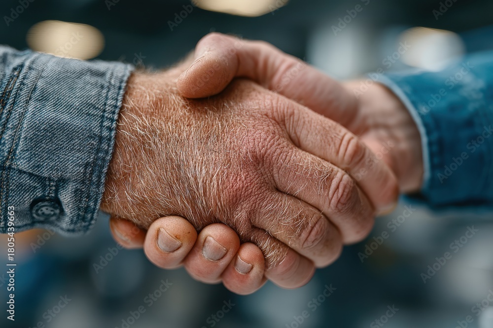 Fototapeta premium Two people in denim shake hands in a confident business handshake symbolizing partnership and trust