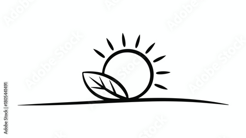 Simple line art of a sun rising over a leaf and horizon, symbolizing new beginnings and growth.