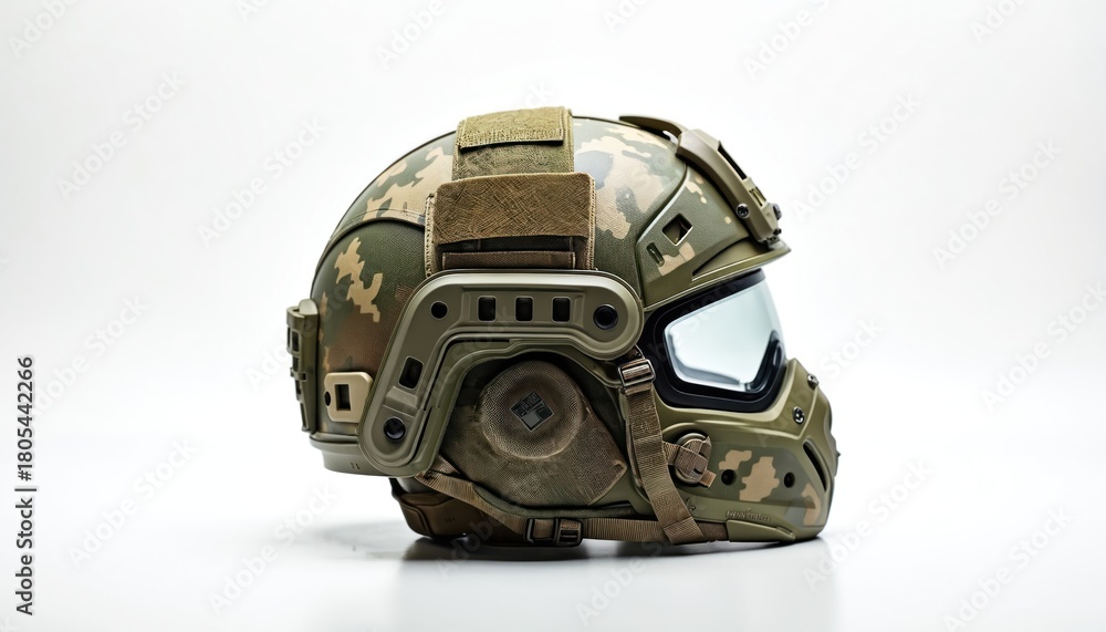 Obraz premium Advanced military tactical helmet with camo pattern and protective visor. Modern combat gear for soldier safety and operational readiness. Futuristic soldier headwear for battle.