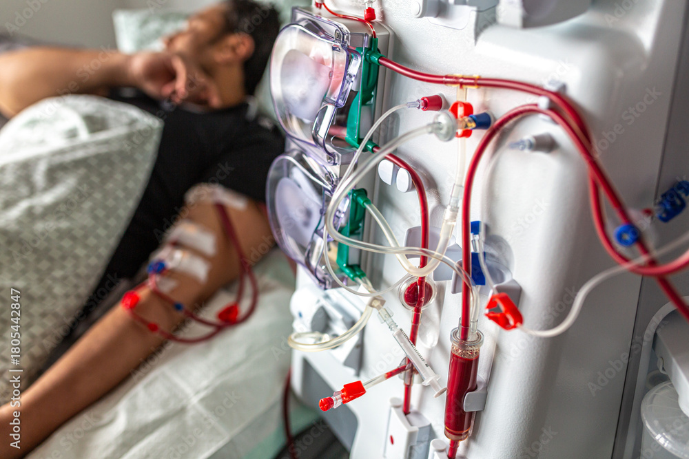 Fototapeta premium Germany, Bavaria, Munich, Portrait photograph of a man in the dialysis unit of a hospital