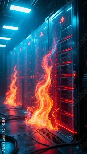 Urgent data center fire and overheating servers in a high-tech IT infrastructure. Digital network crisis and cybersecurity threat concept.