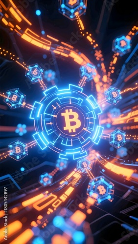 Futuristic glowing cryptocurrency network with central symbol and data streams, representing blockchain technology and digital finance.