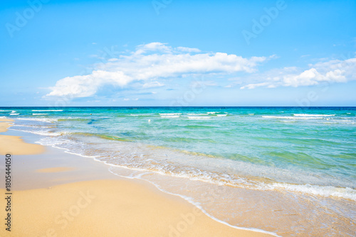 Fototapeta Naklejka Na Ścianę i Meble -  Golden sandy beach with gentle turquoise waves under bright blue skies, Apulia, Italy