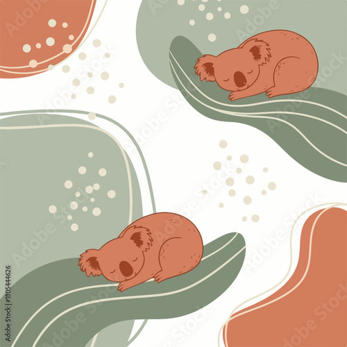 Adorable koalas napping in a natural setting, a serene boho seamless pattern with abstract elements