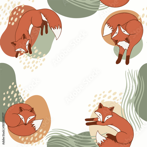 Charming illustration of napping foxes amidst organic shapes, creating a serene Boho Seamless Pattern design