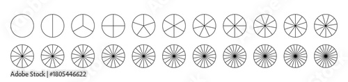 Sectors divide the circle on equal parts. Template of pie chart.  Parts of diagram wheel from 1 to 22. Coaching blank. Segmented charts. Pie charts, pizza charts set. Segmented infographic chart.