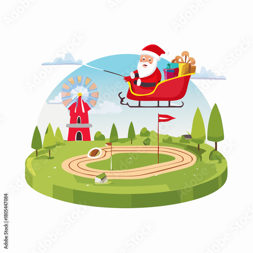 Cheerful Santa Sleigh Flying Over Festive Mini Golf Course