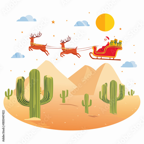 Santa's Sleigh Flying Over Sunny Desert Landscape