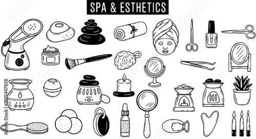 Hand-drawn collection of spa and esthetics tools, beauty products, and wellness essentials. Doodle style vector illustrations for skincare, relaxation, and self-care.