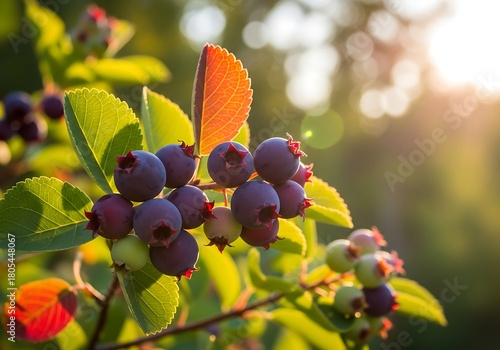 Lush serviceberry branches in warm light, a bountiful berry harvest