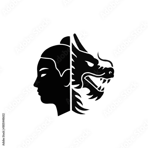 Intriguing black silhouette showcasing duality between human and dragon spirit