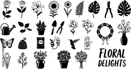 Floral Delights: Gardening Icons Set - Botanical Elements, Flowers, and Tools