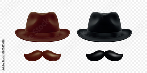 Vector 3d Realistic Hat and Mustache Set in Brown and Black. Vintage Gentleman Hat and Mustache for Barbershop, Retro Costume, Hipster Design. Hat and Mustache Illustration