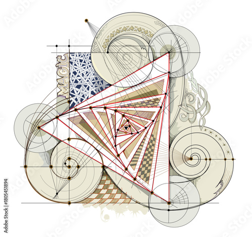 Geometric drawing with rotating triangles. Old Celtic triskelion vintage. Triple trickle spiral ornament with Celtic knot pattern. Magic geometry. Print for logo, icon, coin, tattoo. Hand drawn vector