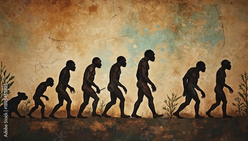 Illustration shows human evolution stages over time. Silhouettes of hominids walk in line. The depiction offers an insight into ancestral heritage with a timeline view, walking together side by side.