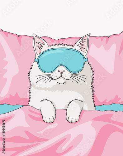 Vector Illustration of a White Cat Wearing an Light Blue Eye Mask, Sleeping Comfortably in a Cozy Bed with Pink Pillow and Sheets Peaceful and Relaxed
