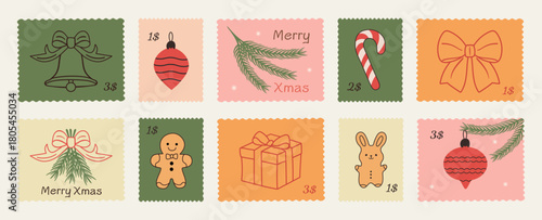 Set of vintage winter vacation Christmas and New Year postage stamps in doodle sketch, hand-drawn style. Postmark Xmas vector elements for posters, postcards, mail art, festive scrapbooking designs.