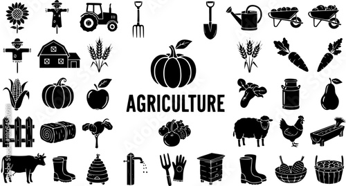 Comprehensive Agriculture and Farming Icons Set: Black Silhouettes of Farm Animals, Crops, Tools, and Buildings on White Background