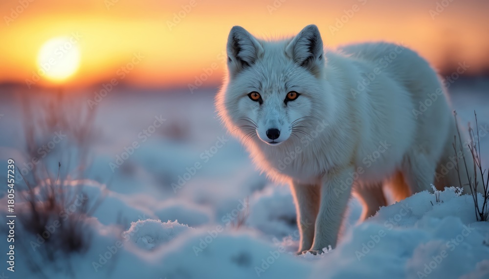 Naklejka premium Arctic fox closeup in snowy tundra at sunset. White fur animal stands in snow. Golden hour light on winter wildlife scene. Cold polar landscape animal.