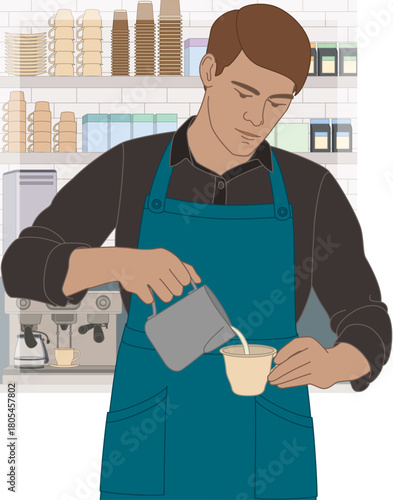 people food, male barista pouring milk into a coffee cup of espresso, with coffee shop in the background
