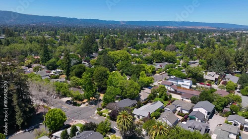 Mountain View historic city center aerial view on Mercy Street at Castro Street, Mountain View, California CA, USA. 