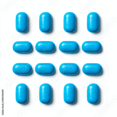 Blue capsules arranged in a grid on a white background
