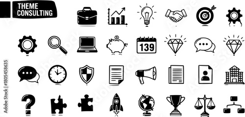 Hand-Drawn Business and Consulting Icons Set. Doodle Collection for Finance, Strategy, Management, Marketing, Success, and Problem-Solving Concepts.